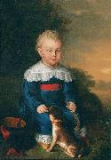 Portrait of a young boy with toy gun and dog David Luders
